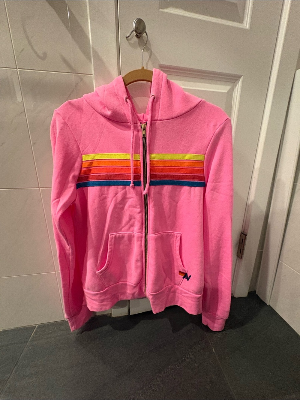 Aviator Nation Pink Zip Hoodie with Rainbow Chest Stripes
